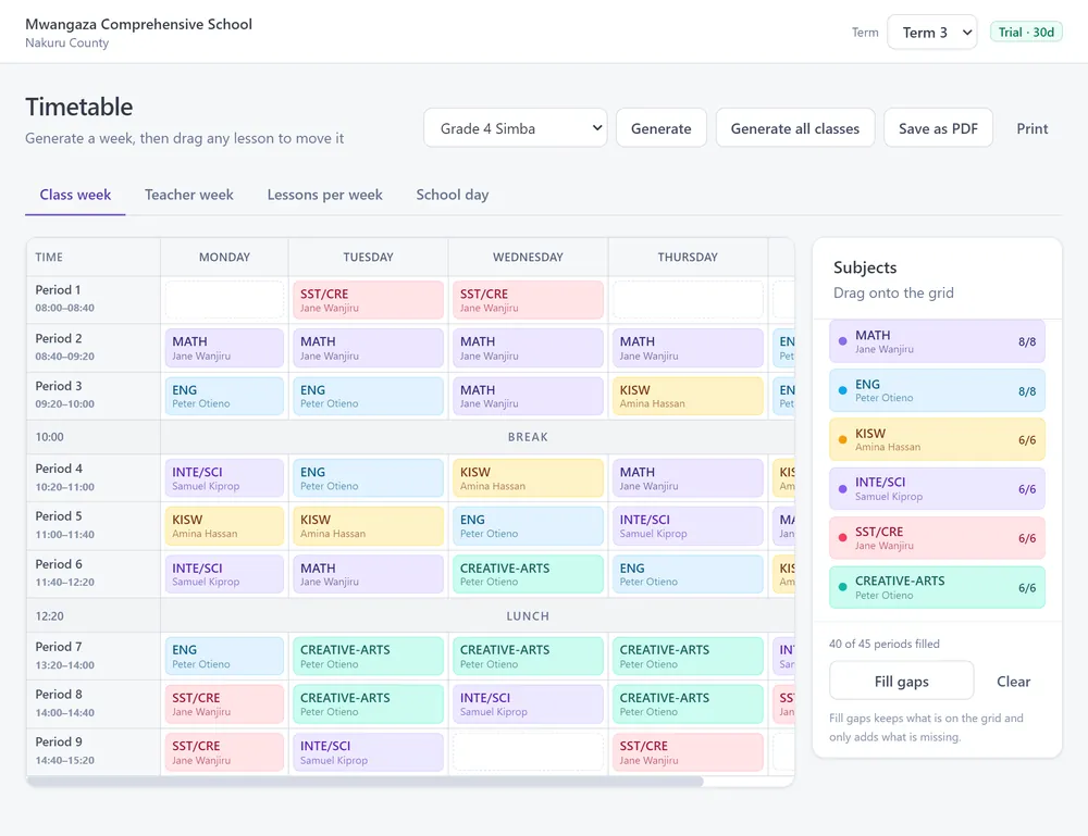 A generated class timetable